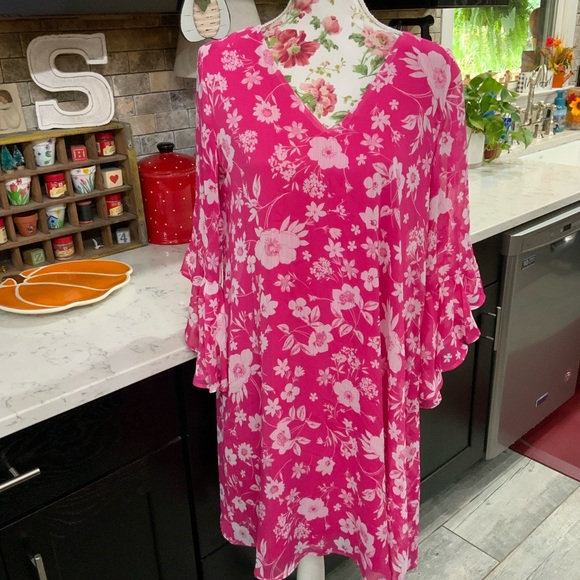 Calvin Klein Dress Floral Print Chiffon Shift Pink White Sz 14 Kimono Sleeve New - Picture 1 of 16